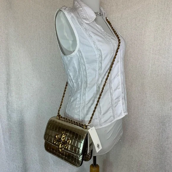 NEW Tory Burch Eleanor Gold Embossed Leather Small Convertible Shoulder Bag AUTH - Picture 15 of 16